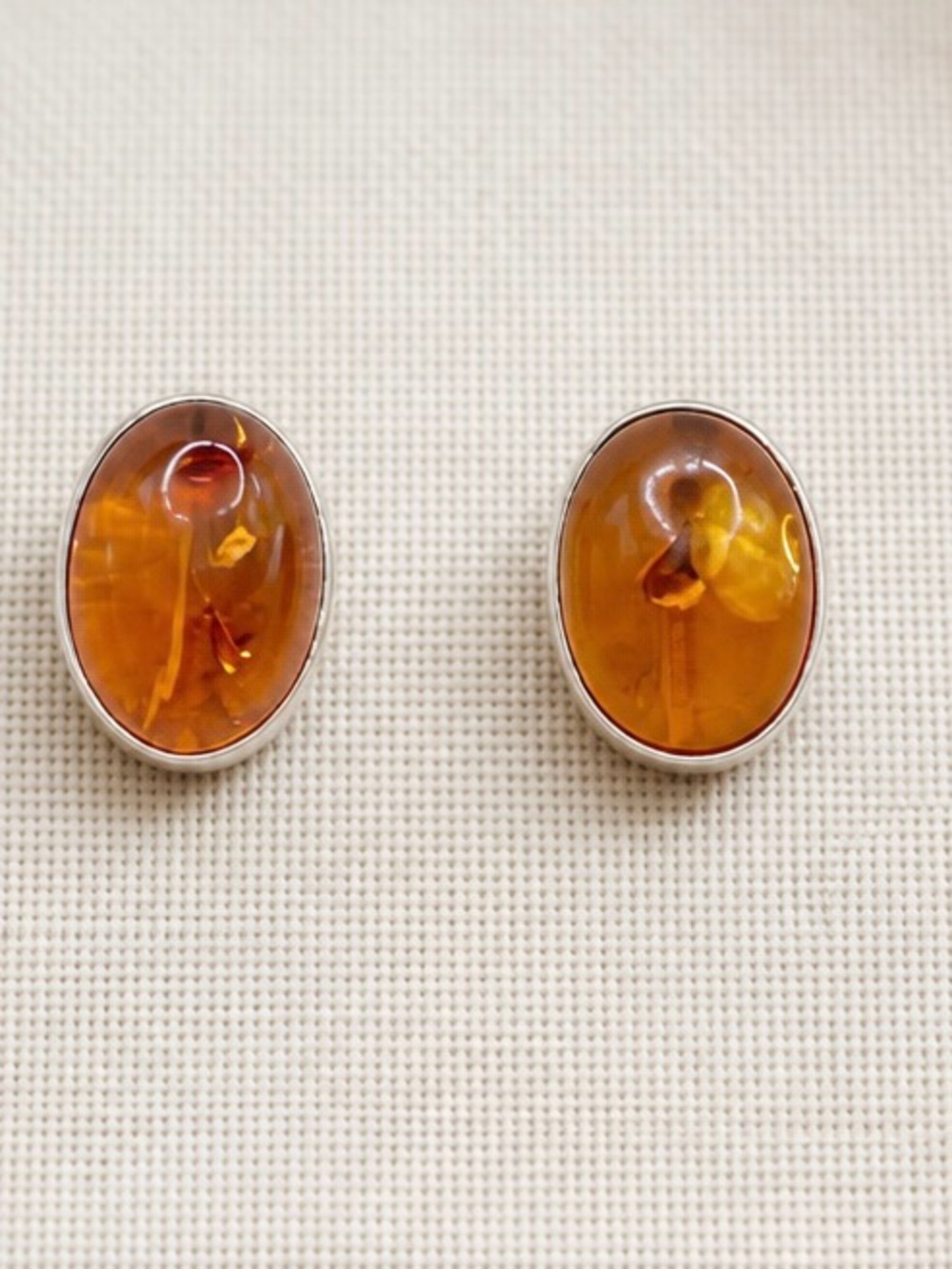 Amber Oval Stud Earrings - Elegant Honey Amber in Sterling Setting